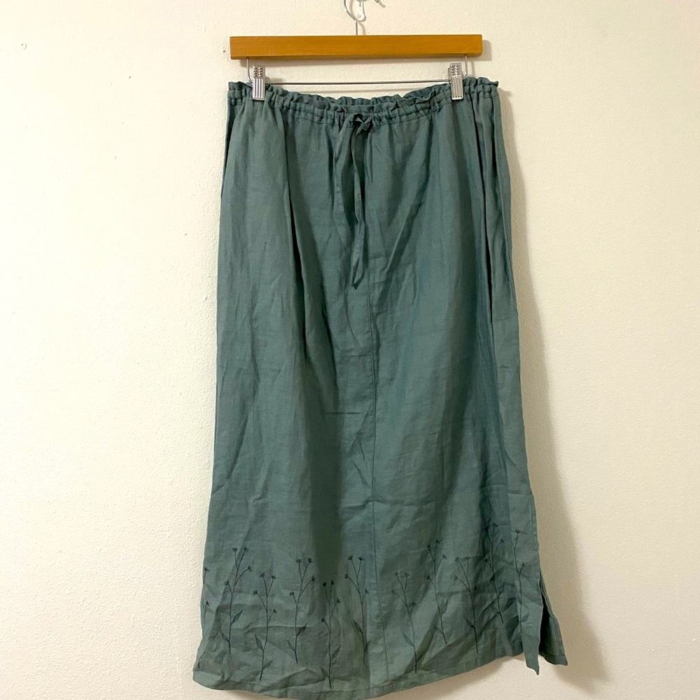 L.L. Bean 100% Linen Drawstring Midi Skirt Sage Green Embroidered